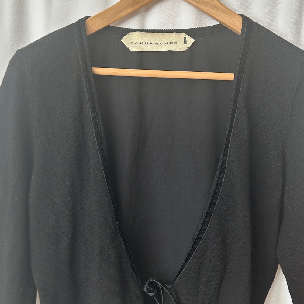Schumacher Black Velvet Open Front Tie Sweater Cardigan Top **Size L** 🌺🌺 - Picture 3 of 5